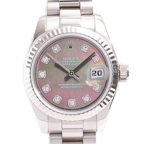 ロレックス 時計 レディース デイトジャスト 10Pダイヤ Z番 自動巻き ブラックシェル文字盤 ホワイトゴールド ROLEX 750WG 179179NG 中古