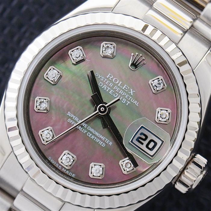 ロレックス 時計 レディース デイトジャスト 10Pダイヤ Z番 自動巻き ブラックシェル文字盤 ホワイトゴールド ROLEX 750WG 179179NG 中古