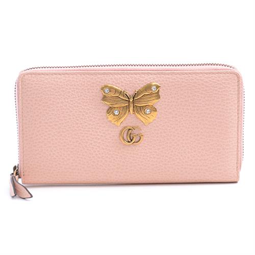 グッチ 財布 レディース GGマーモント ラウンドファスナー長財布 バタフライ ピンク 499363 GUCCI 中古