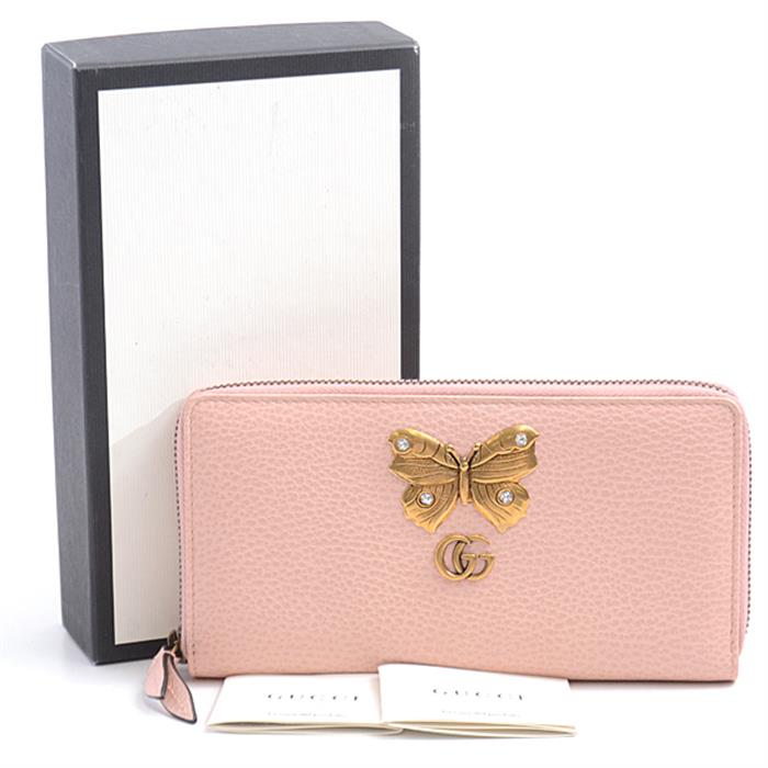 グッチ 財布 レディース GGマーモント ラウンドファスナー長財布 バタフライ ピンク 499363 GUCCI 中古