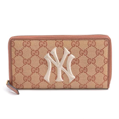 グッチ 財布 メンズ レディース GGキャンバス ラウンドファスナー長財布 NYヤンキース パッチ 刺繍 ブラウン ベージュ 547791 グッチ 中古