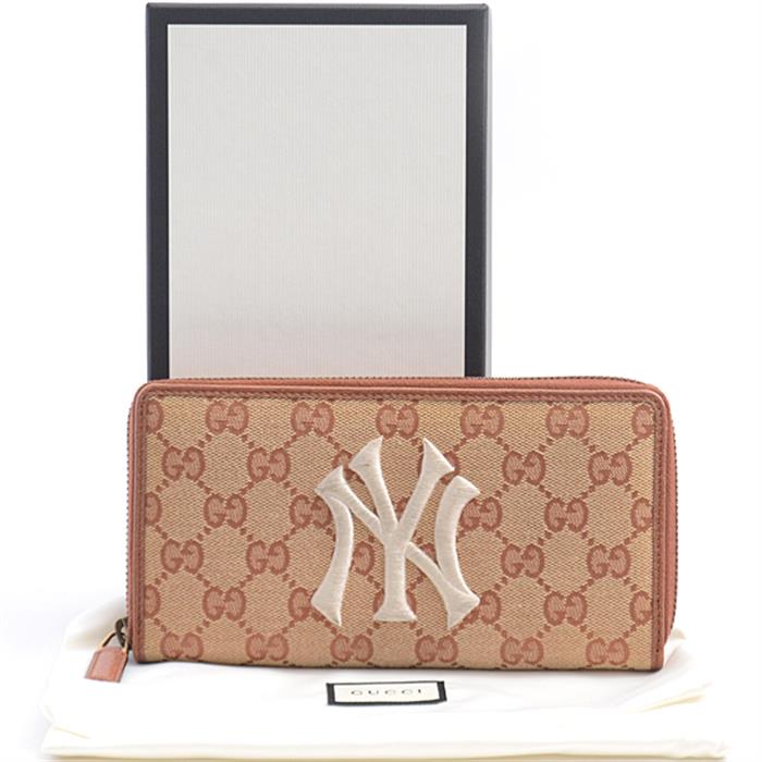 グッチ 財布 メンズ レディース GGキャンバス ラウンドファスナー長財布 NYヤンキース パッチ 刺繍 ブラウン ベージュ 547791 グッチ 中古