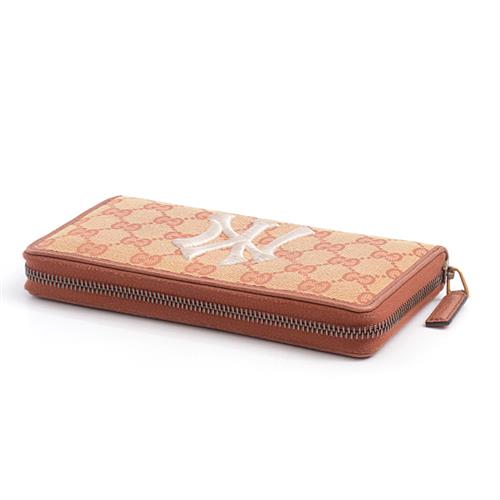 グッチ 財布 メンズ レディース GGキャンバス ラウンドファスナー長財布 NYヤンキース パッチ 刺繍 ブラウン ベージュ 547791 グッチ 中古