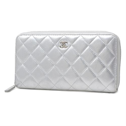 シャネル 財布 レディース ラウンドファスナー 長財布 マトラッセ ラムスキン シルバー CHANEL 中古