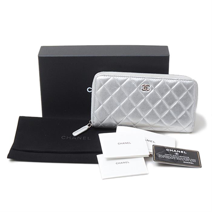 シャネル 財布 レディース ラウンドファスナー 長財布 マトラッセ ラムスキン シルバー CHANEL 中古