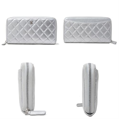 シャネル 財布 レディース ラウンドファスナー 長財布 マトラッセ ラムスキン シルバー CHANEL 中古