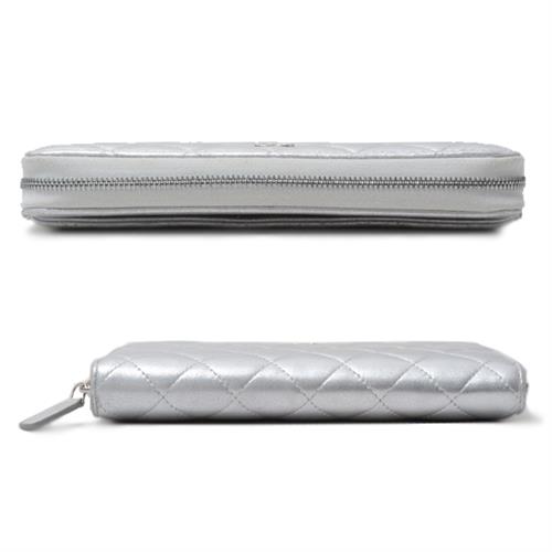 シャネル 財布 レディース ラウンドファスナー 長財布 マトラッセ ラムスキン シルバー CHANEL 中古