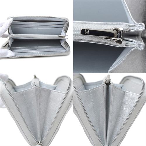 シャネル 財布 レディース ラウンドファスナー 長財布 マトラッセ ラムスキン シルバー CHANEL 中古