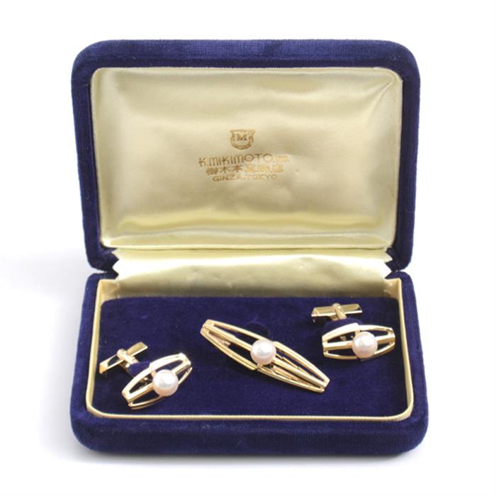ミキモト カフス タイピン メンズ パール カフス タイピン セット イエローゴールド MIKIMOTO K14 中古