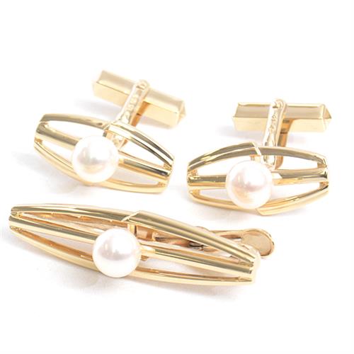 ミキモト カフス タイピン メンズ パール カフス タイピン セット イエローゴールド MIKIMOTO K14 中古