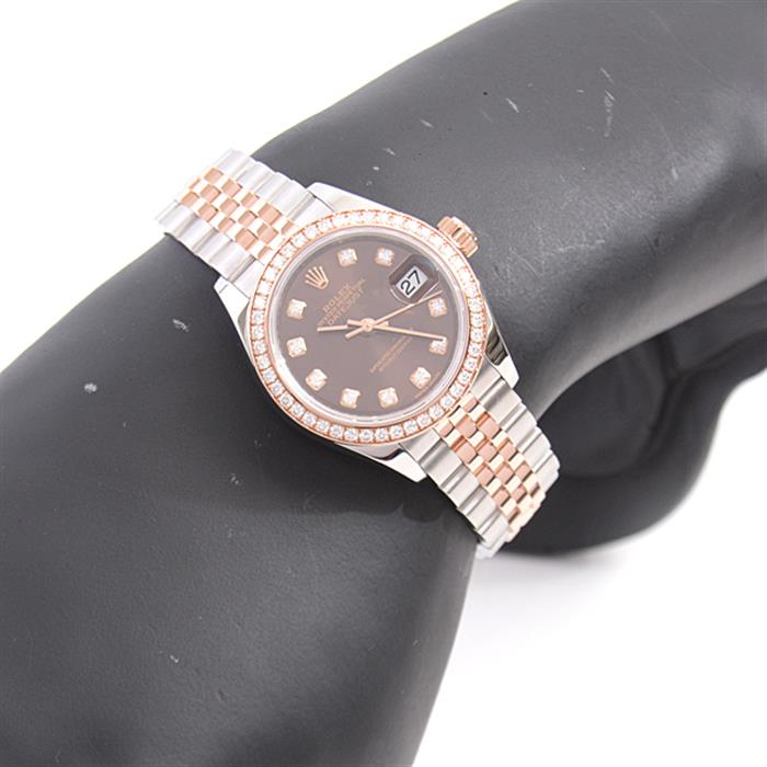 ロレックス 時計 レディース デイトジャスト 10Pダイヤ ダイヤベゼル 自動巻 ランダム チョコレート文字盤 ピンクゴールド SS×PG ROLEX 279381RBR 中古