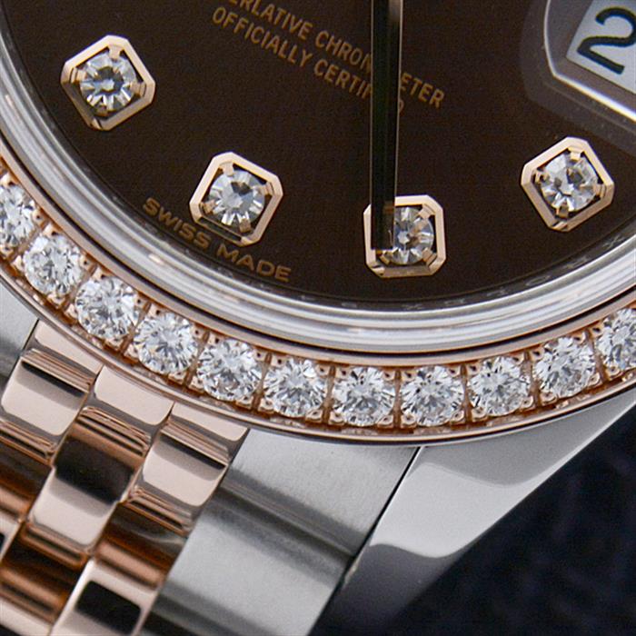 ロレックス 時計 レディース デイトジャスト 10Pダイヤ ダイヤベゼル 自動巻 ランダム チョコレート文字盤 ピンクゴールド SS×PG ROLEX 279381RBR 中古