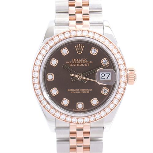 ロレックス 時計 レディース デイトジャスト 10Pダイヤ ダイヤベゼル 自動巻 ランダム チョコレート文字盤 ピンクゴールド SS×PG ROLEX 279381RBR 中古