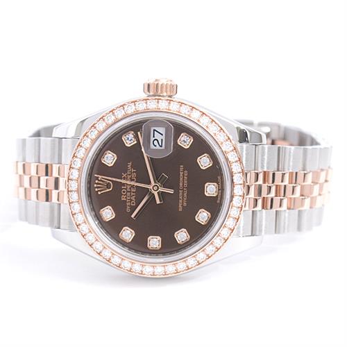 ロレックス 時計 レディース デイトジャスト 10Pダイヤ ダイヤベゼル 自動巻 ランダム チョコレート文字盤 ピンクゴールド SS×PG ROLEX 279381RBR 中古