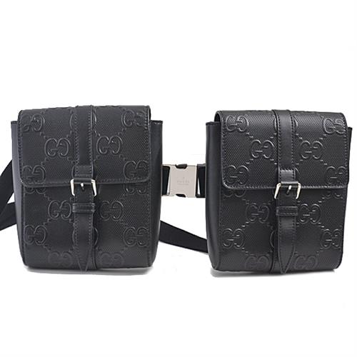 グッチ バッグ メンズ GGエンボス ウエストバッグ Wポーチ ショルダーバッグ ブラック レザー GUCCI 631339 中古