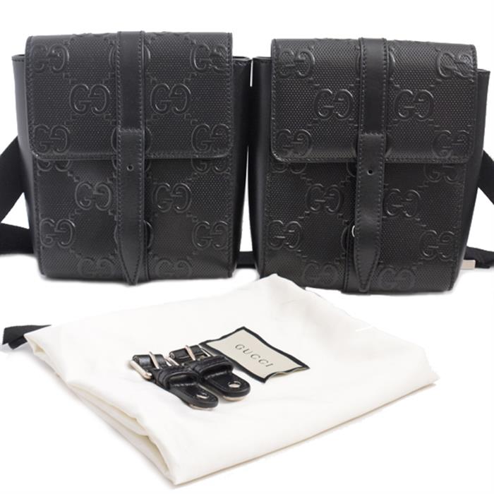 グッチ バッグ メンズ GGエンボス ウエストバッグ Wポーチ ショルダーバッグ ブラック レザー GUCCI 631339 中古