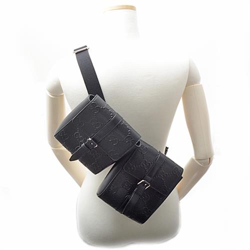グッチ バッグ メンズ GGエンボス ウエストバッグ Wポーチ ショルダーバッグ ブラック レザー GUCCI 631339 中古
