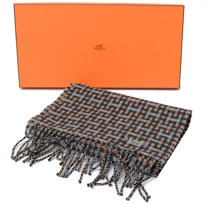 エルメス マフラー メンズ レディース H柄 タータンチェック フリンジマフラー マルチカラー カシミヤ HERMES 中古