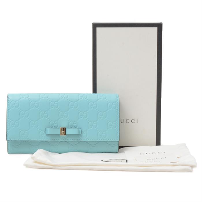 グッチ 財布 レディース グッチシマ リボン付きフラップ長財布 レザー ブルー系 GUCCI 388679 中古