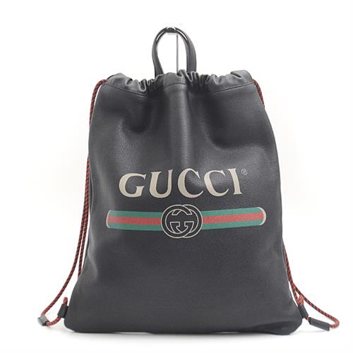 グッチ バッグ メンズ レディース ロゴプリント ドローストリング　巾着　バックパック　シェリーライン ブラック GUCCI 516639 中古