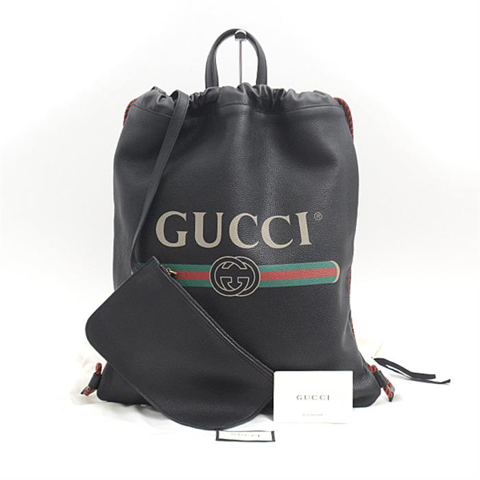 グッチ バッグ メンズ レディース ロゴプリント ドローストリング　巾着　バックパック　シェリーライン ブラック GUCCI 516639 中古