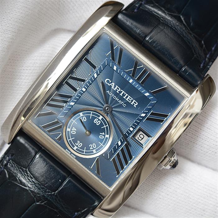 カルティエ 時計 メンズ タンクMC 自動巻 ブルー文字盤 レザーベルト 裏スケ ステンレス Cartier TANK MC SS WSTA0010 中古