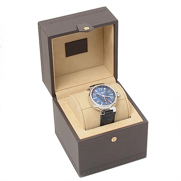 ルイヴィトン 時計 メンズ タンブール GMT ブルー文字盤 自動巻 ステンレス レザーベルト Louis Vuitton Q1157 SS 中古