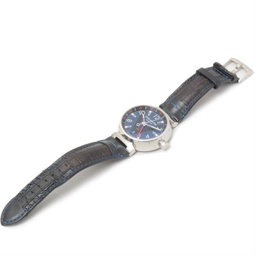 ルイヴィトン 時計 メンズ タンブール GMT ブルー文字盤 自動巻 ステンレス レザーベルト Louis Vuitton Q1157 SS 中古