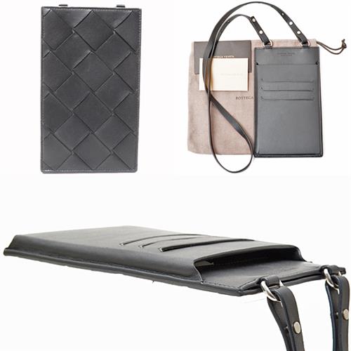 ボッテガヴェネタ 小物 メンズ イントレチャート フォンポーチ ネックストラップ レザー ブラック BOTTEGA VENETA 578205 中古
