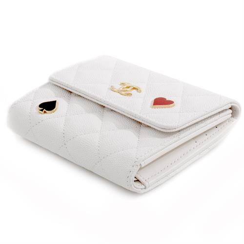 シャネル 財布 レディース キャビアスキン 三つ折り コンパクトウォレット トランプ ホワイト CHANEL 未使用展示品