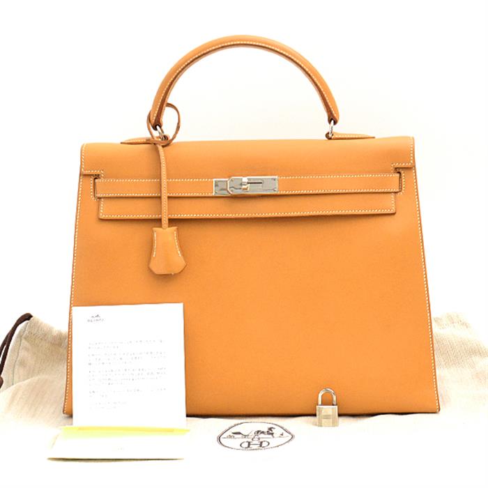 エルメス バッグ レディース ケリー35 外縫い □A刻 シルバー金具 ナチュラル ライトブラウン ボックスカーフ HERMES 中古