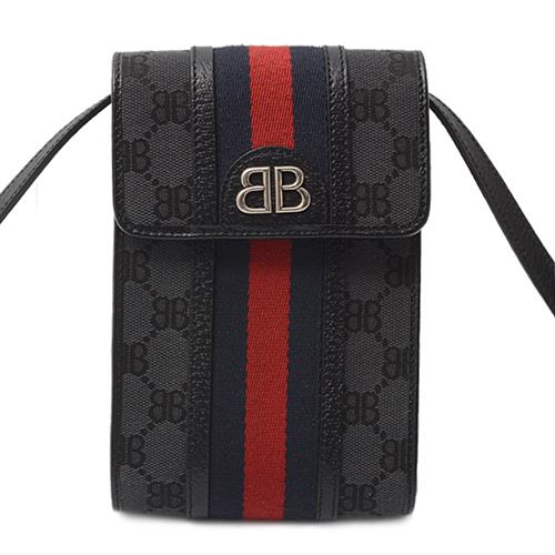 バレンシアガ バッグ レディース キャンバス×レザー GUCCIコラボ ハッカープロジェクト ハッカーフォンバッグ ミニ ショルダーバッグ ブラック BALENCIAGA 中古