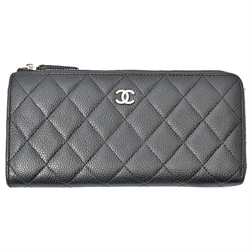 シャネル 財布 レディース タイムレスクラシック マトラッセ L字ファスナー長財布  キャビアスキン ブラック CHANEL A68778 中古