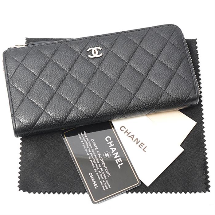 シャネル 財布 レディース タイムレスクラシック マトラッセ L字ファスナー長財布  キャビアスキン ブラック CHANEL A68778 中古