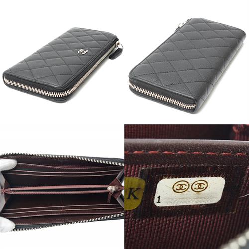 シャネル 財布 レディース タイムレスクラシック マトラッセ L字ファスナー長財布  キャビアスキン ブラック CHANEL A68778 中古