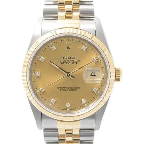 ロレックス 時計 メンズ デイトジャスト S番 10ポイント ダイヤモンド 自動巻 ゴールド文字盤 ROLEX 16233G 中古