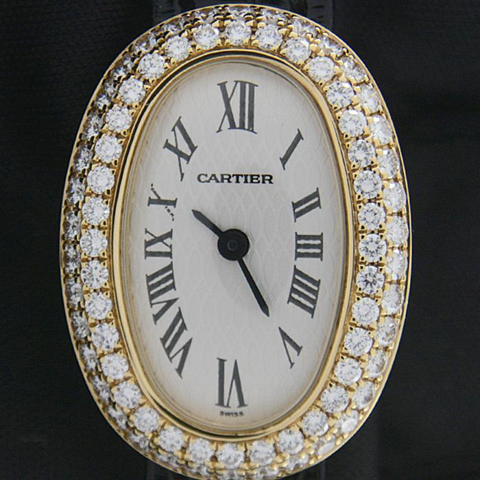 カルティエ 時計 レディース ミニベニュワール 2重ダイヤモンド ベゼル 電池式 シルバー文字盤 イエローゴールド Cartier 750YG 中古