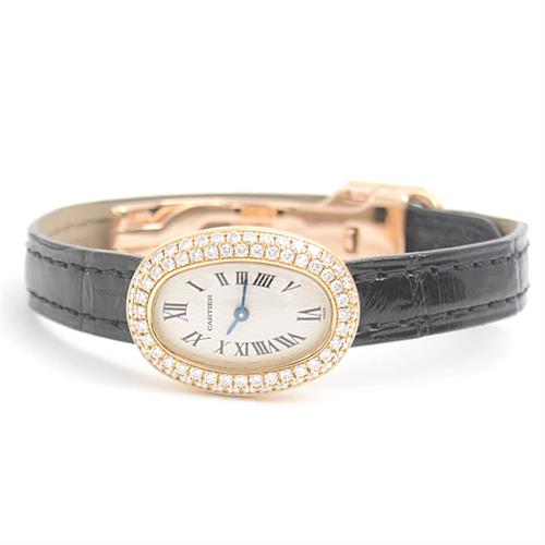 カルティエ 時計 レディース ミニベニュワール 2重ダイヤモンド ベゼル 電池式 シルバー文字盤 イエローゴールド Cartier 750YG 中古