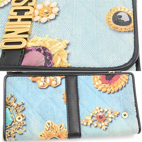 モスキーノ 財布 レディース デニム調 ジュエリー柄 お財布ポシェット ウォレットショルダー カーフ ライトブルー MOSCHINO 中古