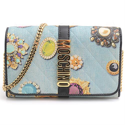 モスキーノ 財布 レディース デニム調 ジュエリー柄 お財布ポシェット ウォレットショルダー カーフ ライトブルー MOSCHINO 中古