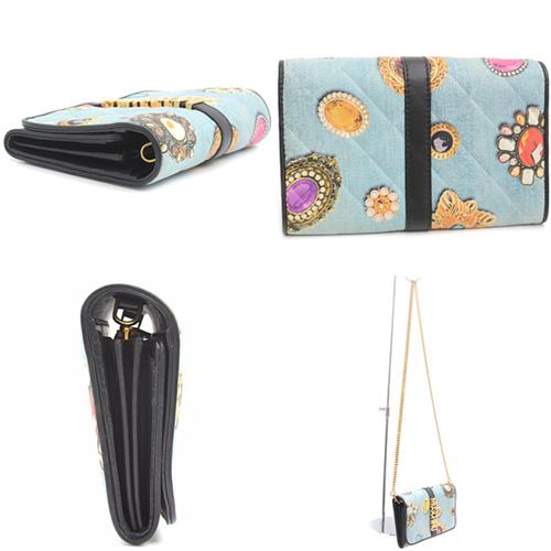 モスキーノ 財布 レディース デニム調 ジュエリー柄 お財布ポシェット ウォレットショルダー カーフ ライトブルー MOSCHINO 中古