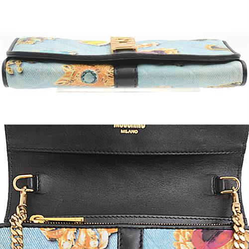 モスキーノ 財布 レディース デニム調 ジュエリー柄 お財布ポシェット ウォレットショルダー カーフ ライトブルー MOSCHINO 中古