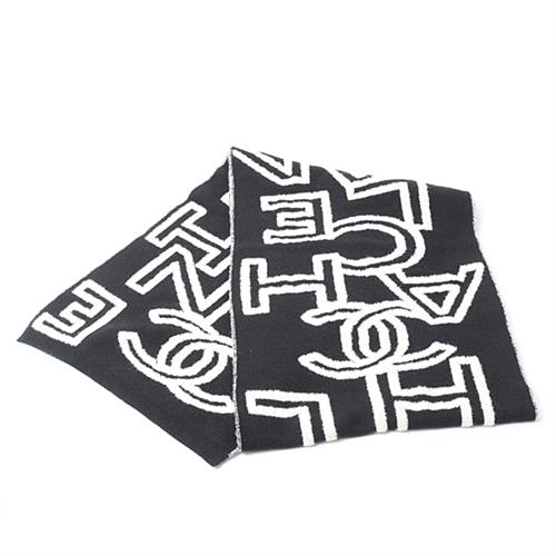シャネル 服飾小物 レディース ロゴ マフラー 羊毛×ナイロン×カシミヤ ブラック×ホワイト CHANEL 中古