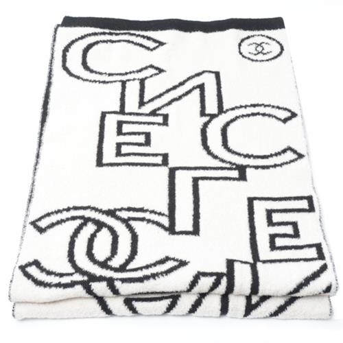 シャネル 服飾小物 レディース ロゴ マフラー 羊毛×ナイロン×カシミヤ ブラック×ホワイト CHANEL 中古