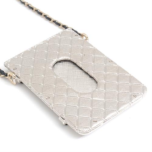 シャネル カードケース レディース マトラッセ チェーンネックレス カードホルダー パスケース シルバー メタル CHANEL AB6710 中古