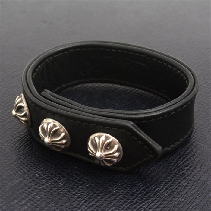 クロムハーツ ブレス メンズ 3BTN 2SNP クロスボール レザー ブレスレット レザー シルバー CHROME HEARTS SV925 中古