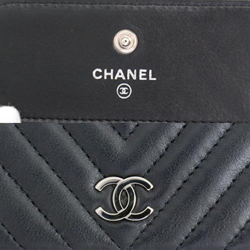 シャネル 財布 レディース ラムスキン シェブロン Vステッチコンパクトウォレット ブラック CHANEL 中古