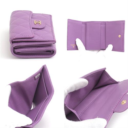 シャネル 財布 レディース マトラッセ 三つ折り財布 ラムスキン コンパクトウォレット パープル CHANEL AP0230 中古