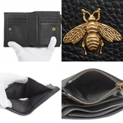 グッチ 財布 レディース アニマリエ ビーデザイン 二つ折り財布 パスケース付き レザー ブラック GUCCI 498094 中古