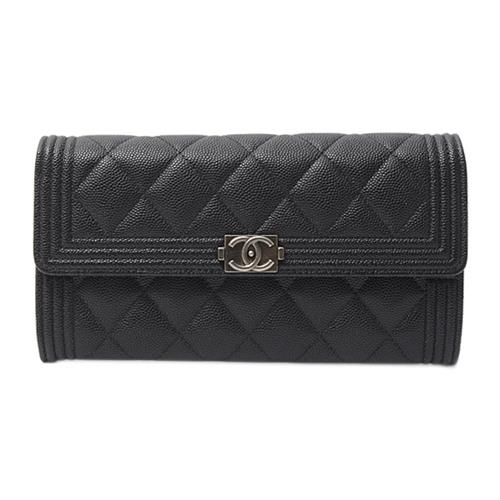 シャネル 財布 レディース ボーイシャネル 二つ折り長財布 キャビアスキン ブラック CHANEL 中古